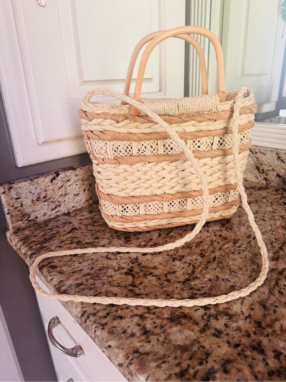 Woven Straw Tote Bag in Natural and Tan - Lightweight Summer Handbag